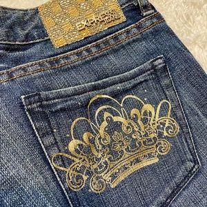 Express Jeans Stella Boot Cut Medium Wash, Gold Crown & Crystal design, size 4
